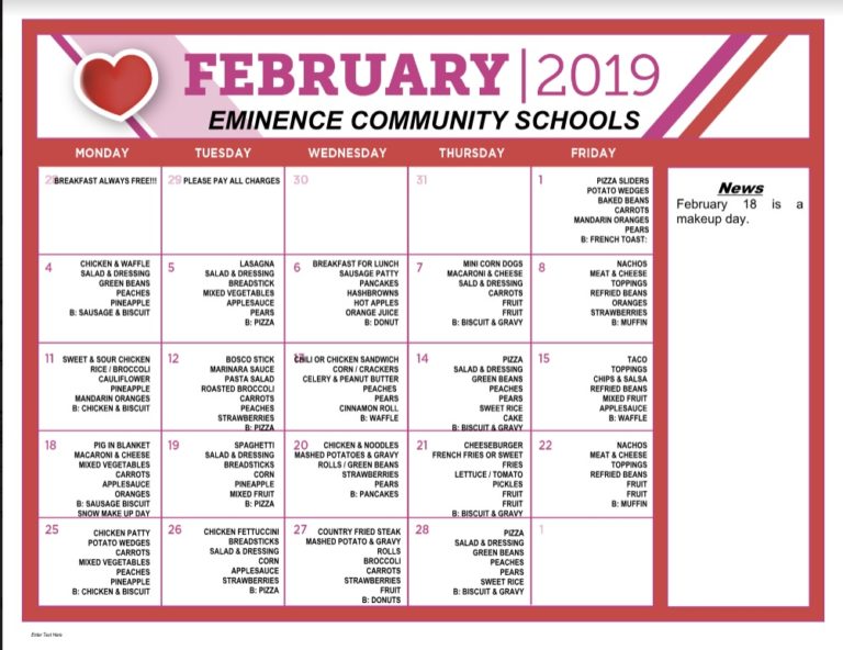 February Lunch Menu Eminence Community Schools